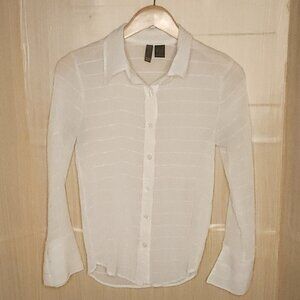 Serenade Womens White Pleated Sheer Button Front Blouse Small